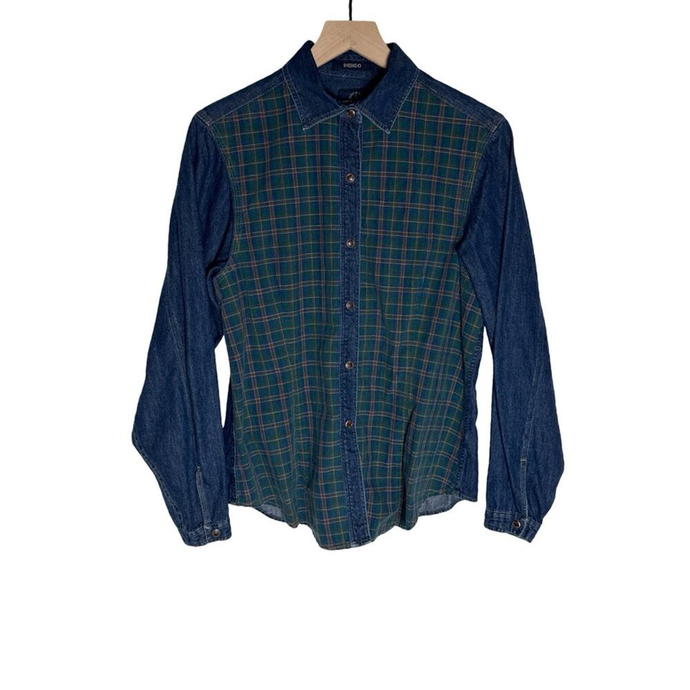 Dockers Vintage Tartan Plaid Button‎ Up Shirt Denim Trim Womens Small